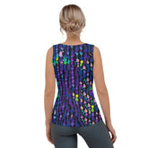 Woman wearing Whimsical Pop tank top, showcasing front design.